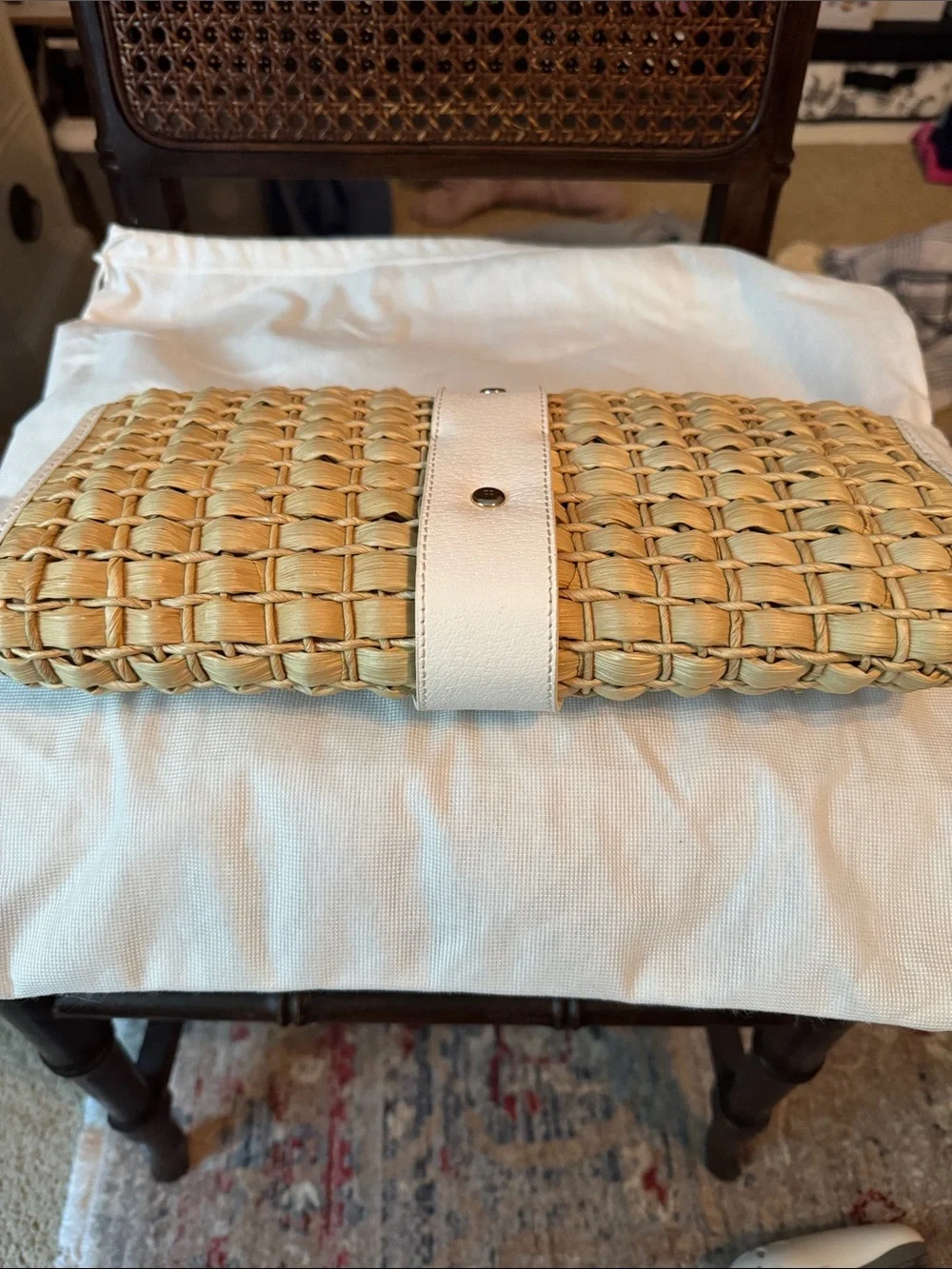 Vintage kate spade Natural Straw Clutch with White Leather Trim and Turn-Lock